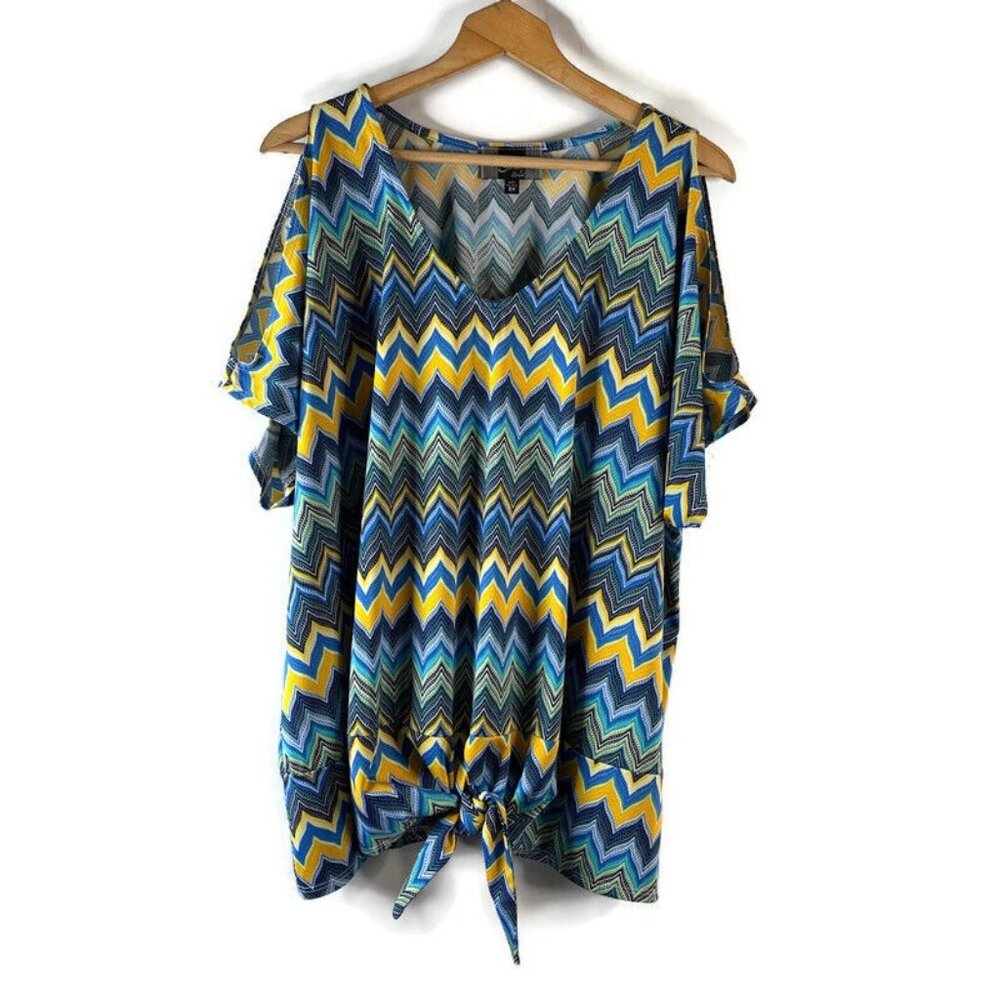 Slinky Brand Womens Tunic Blouse Top Size 3X Blue Chevron Cold Shoulder V-Neck